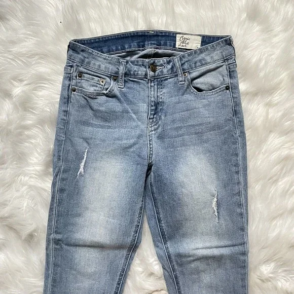 Cosmic Blue Love Cropped Denim Jeans Size 28 Blue Mid Rise Distressed Raw Hem - Picture 2 of 12
